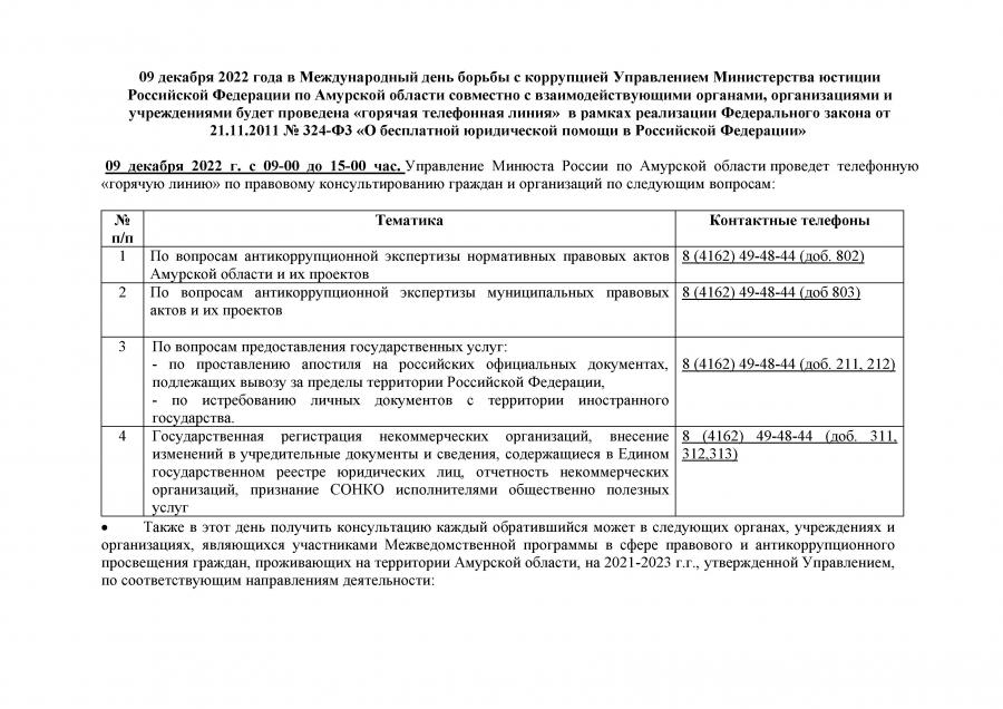 Горячая телефонная линия в рамках реализации Федерального закона от 21.11.2011 № 324-Ф3 «О бесплатной юридической помощи в Российской Федерации»